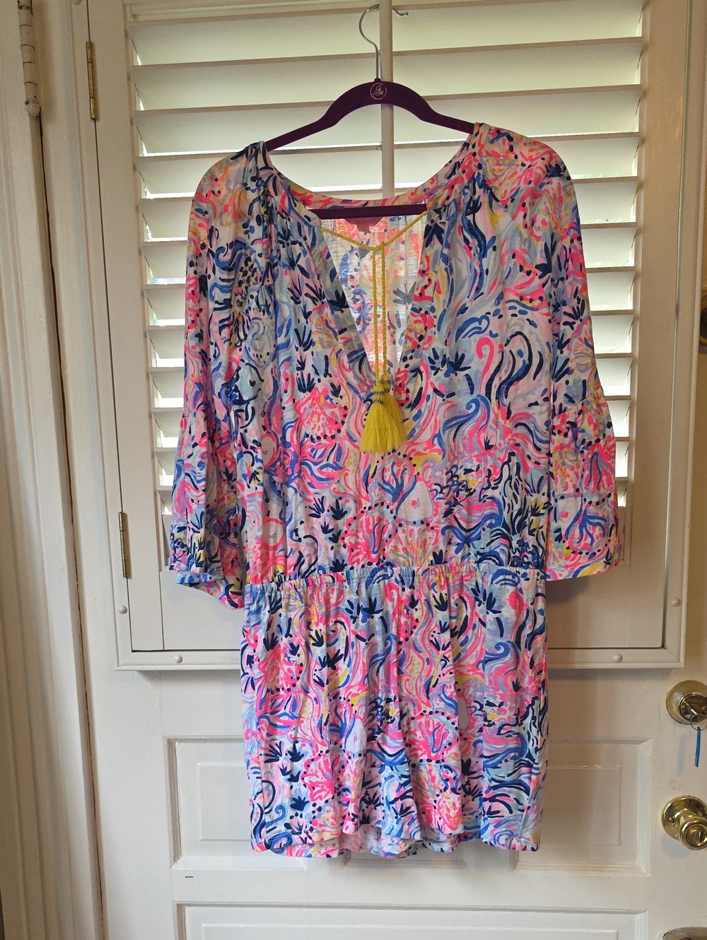 Lilly Pulitzer Pink Blue Yellow Floral Romper with Tassel
